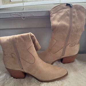 Coutgo Womens Mid Calf Slouchy Boots Wide Calf Chunky Block Heel Cowgirl Suede